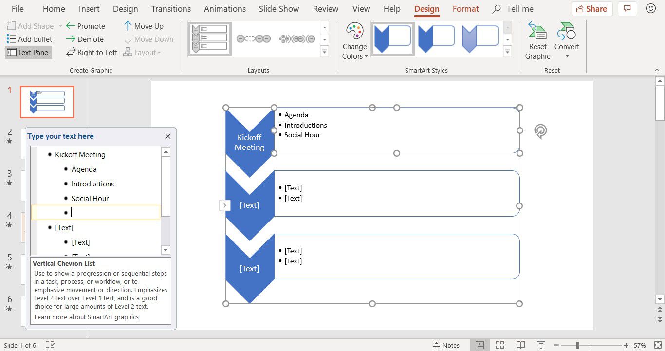 Snímek obrazovky ukazující, jak přidat text do grafiky SmartArt v PowerPointu