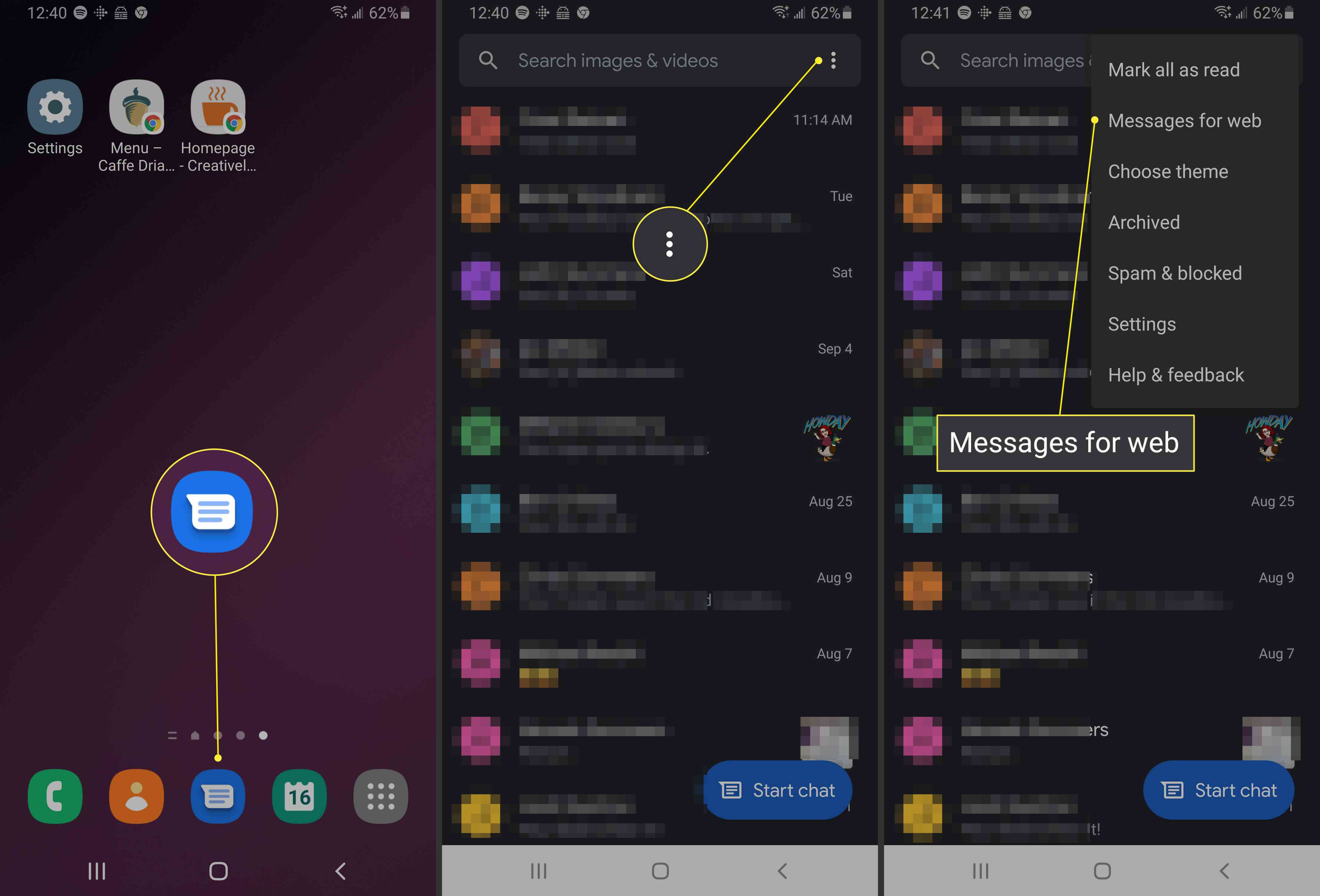 Obrazovka nastavení smartphonu pro Android Messages.