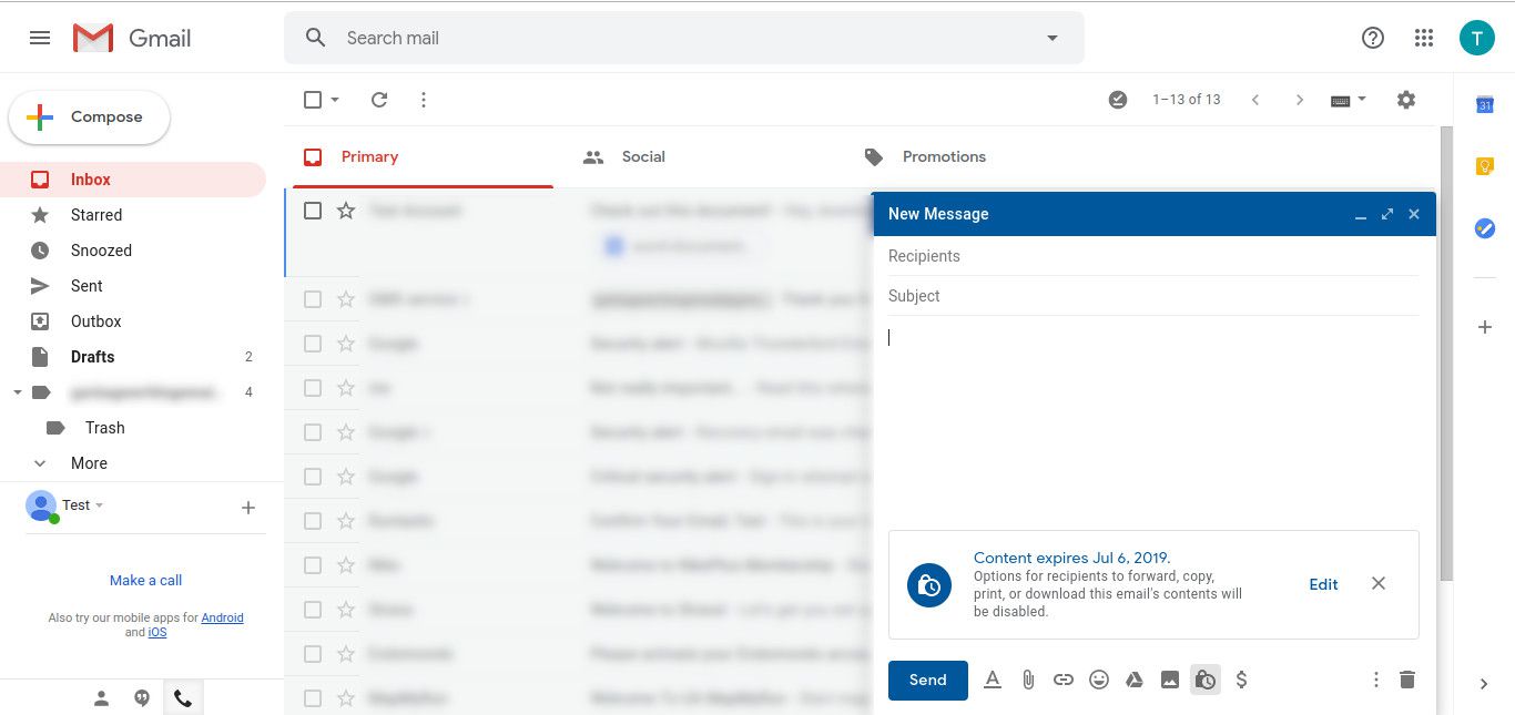 Gmail vytváří poštu s povolenou důvěrností