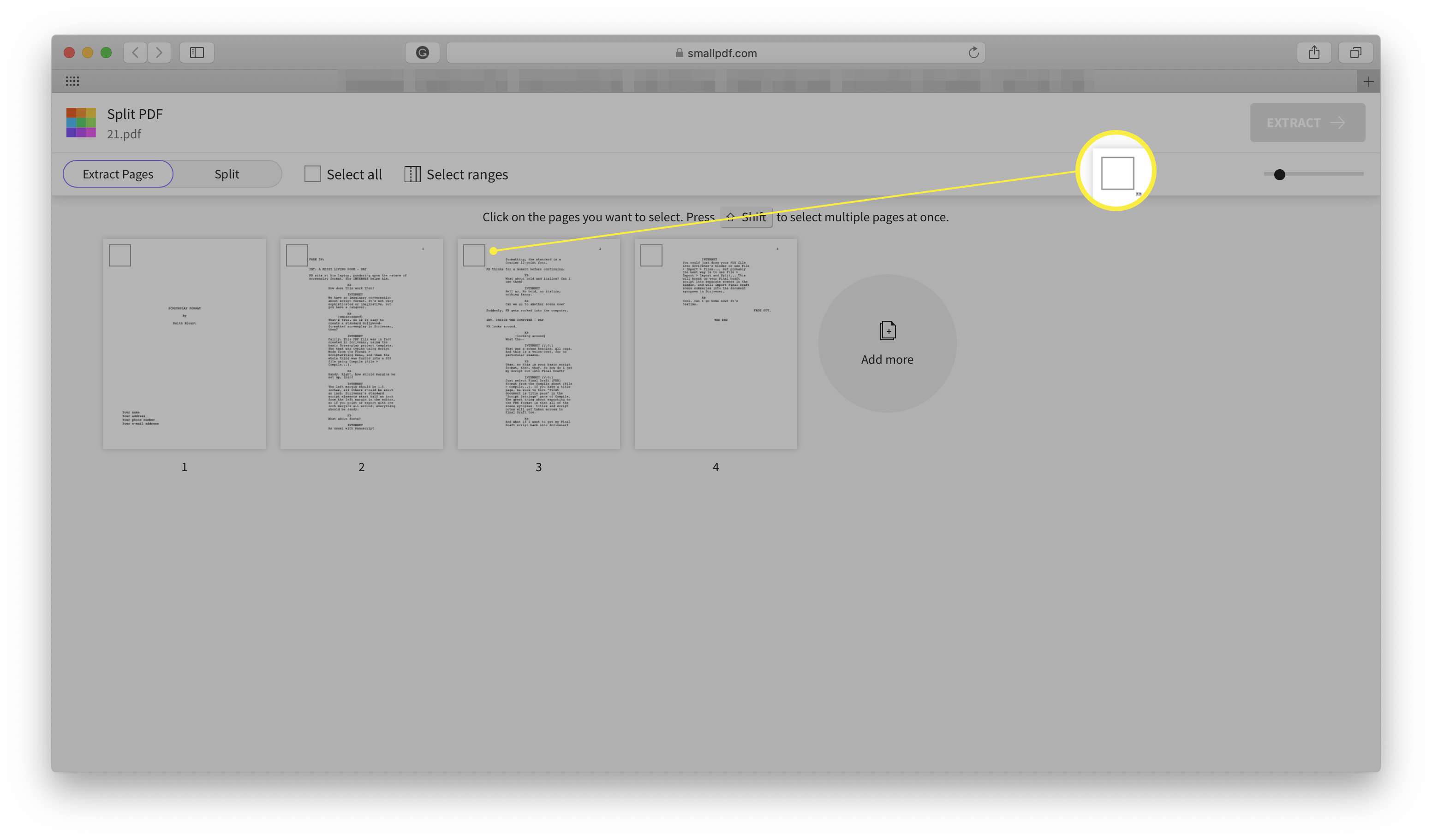 Web SmallPDF s výběrem stránek dostupných při rozdělování dokumentu PDF