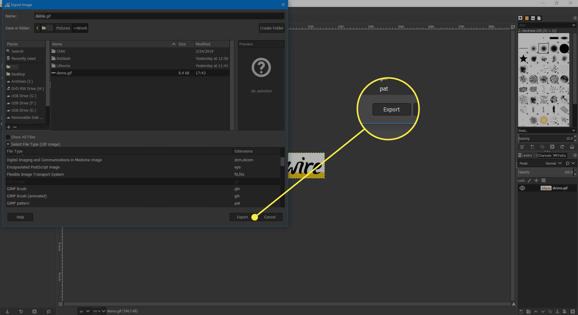 Snímek obrazovky okna Uložit jako GIMPS se zvýrazněným tlačítkem Export