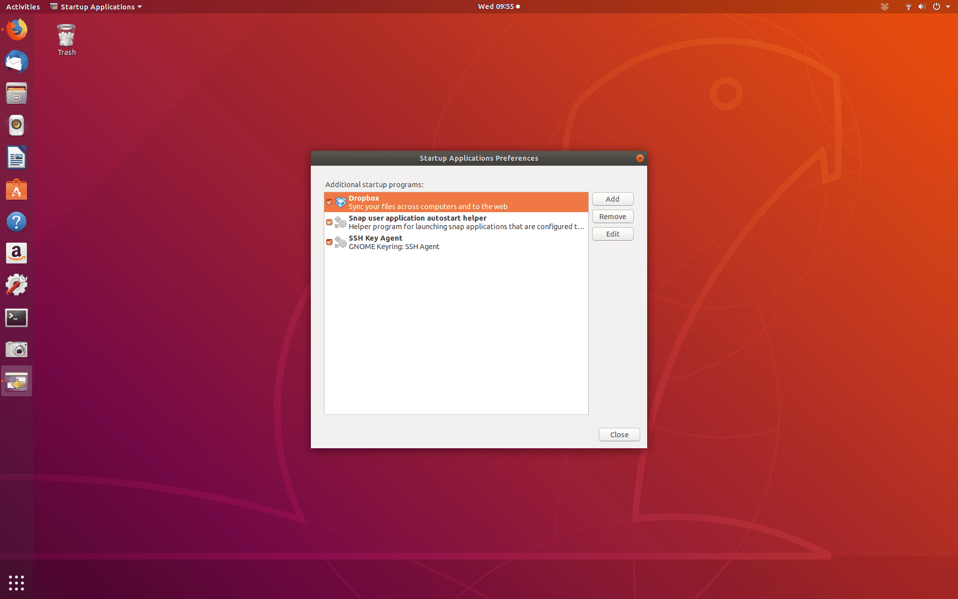 Okno Předvolby aplikací při spuštění v Ubuntu Linux
