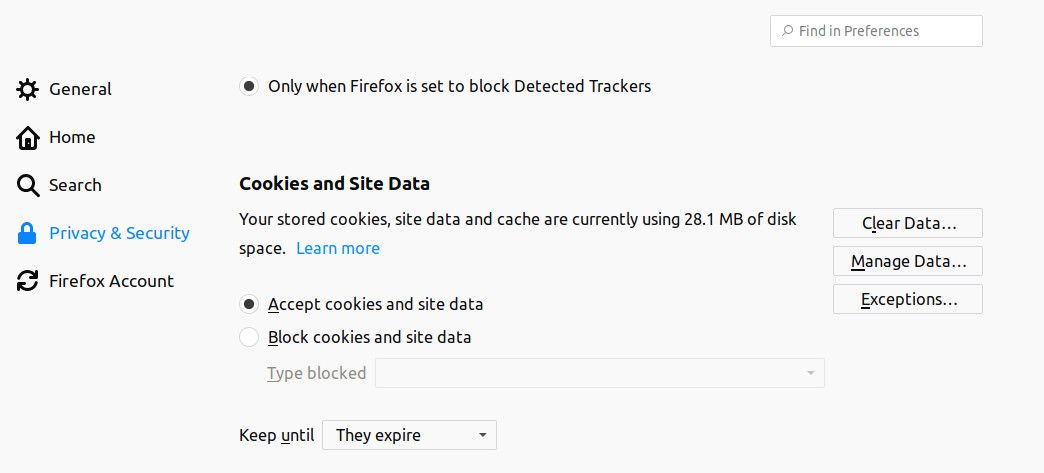 Část Cookies a údaje o webu v předvolbách Firefoxu