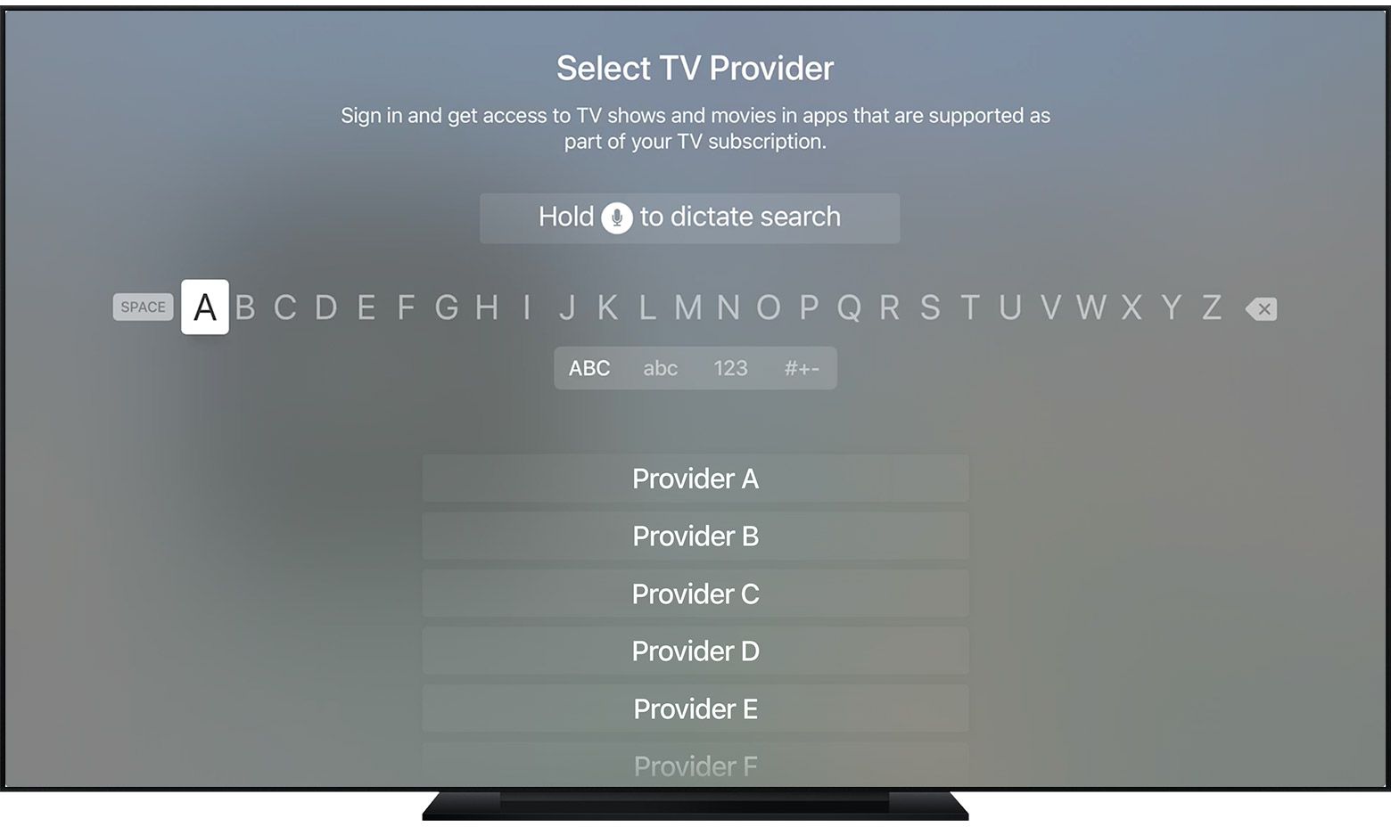 Výběr poskytovatele vaší televize pro jednotné přihlášení na Apple TV.