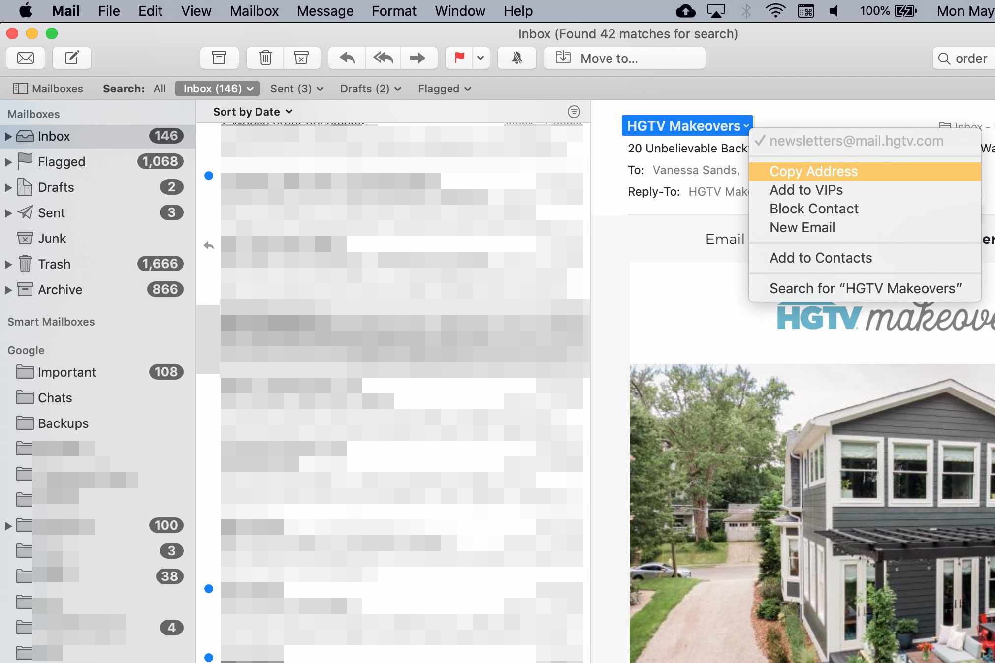 Rozbalovací nabídka vedle adresy v macOS Mail