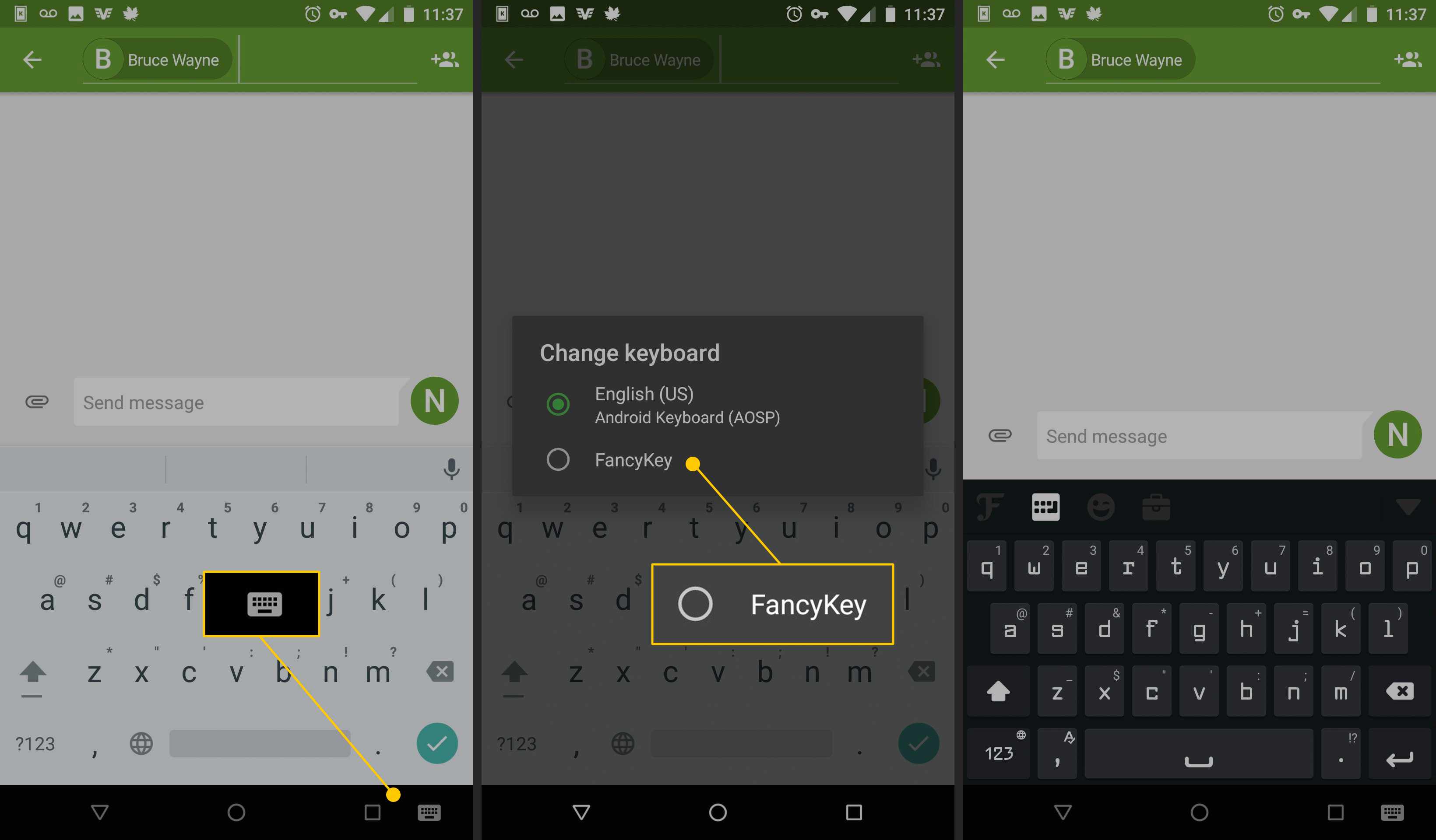 Ikona klávesnice, zaškrtávací políčko FancyKey v systému Android