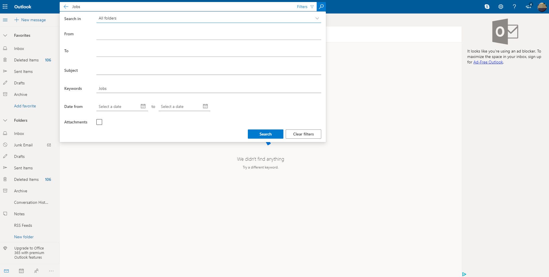Možnosti filtrování vyhledávání aplikace Outlook.com
