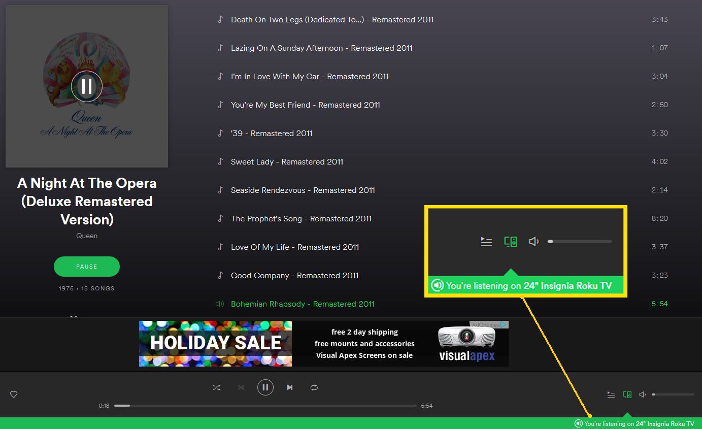 Potvrzení zelené lišty Spotify Web Playeru
