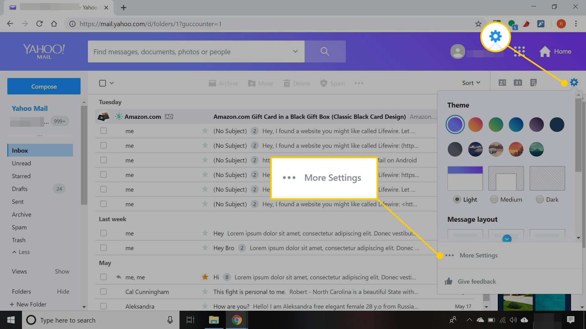 Doručená pošta v Yahoo Mail se zvýrazněnými tlačítky Nastavení a Další nastavení