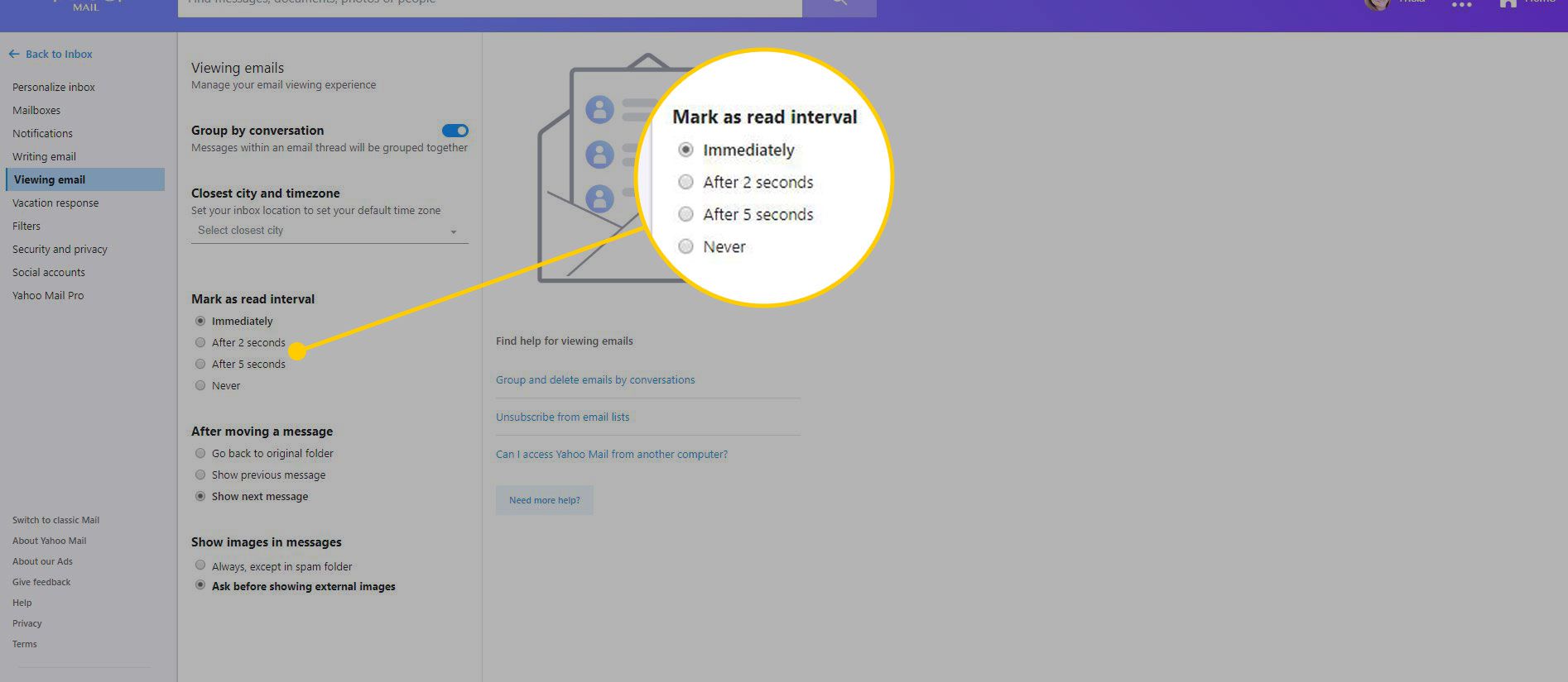 Nastavení Yahoo Mail se zvýrazněnými možnostmi Označit jako interval čtení