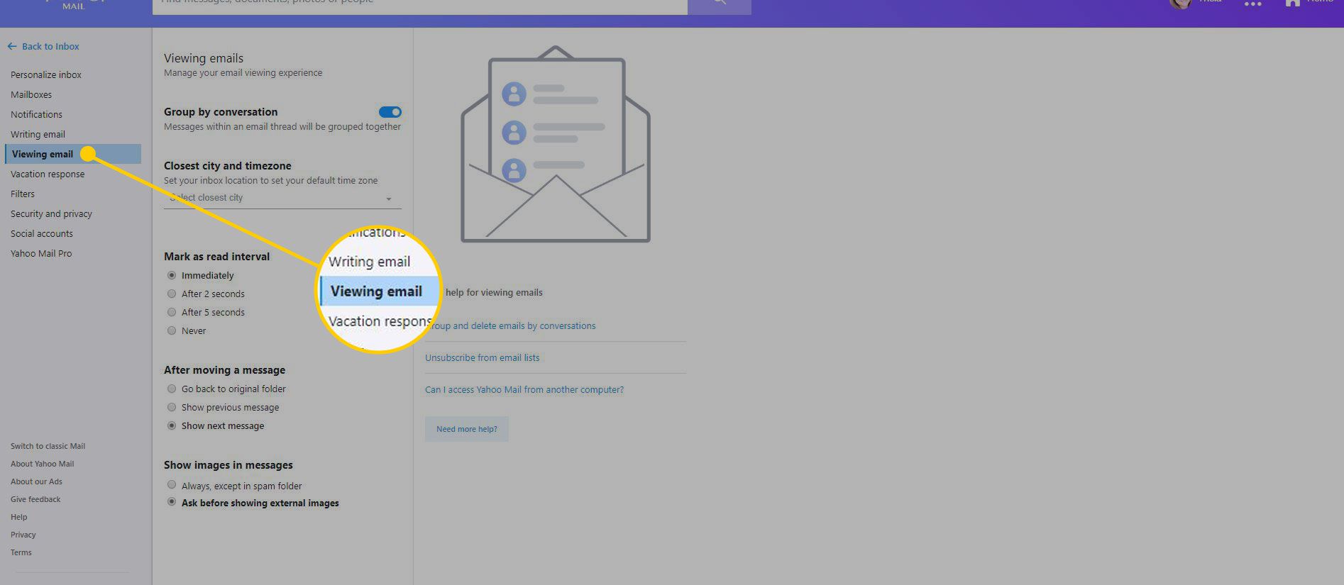 Nastavení Yahoo Mail se zvýrazněným nadpisem Zobrazování e -mailu