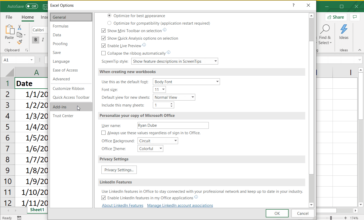 Snímek obrazovky s možnostmi v aplikaci Excel