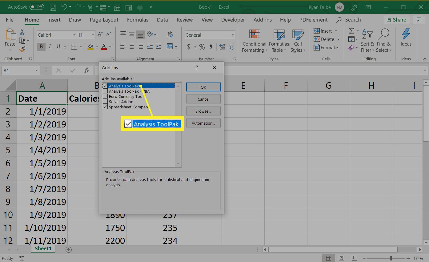 Vyskakovací okno doplňků aplikace Excel
