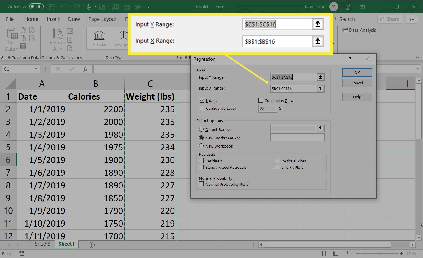 Pole pro zadávání rozsahů regrese v aplikaci Excel