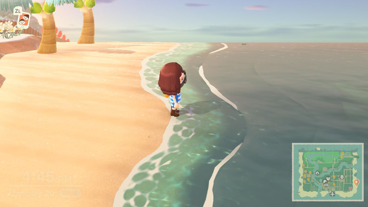 Blížící se oceán plavat v Animal Crossing.