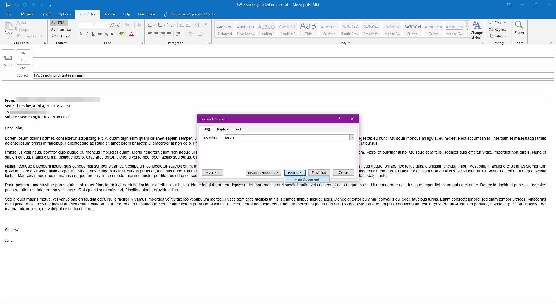 Prohledávání hlavního dokumentu v e -mailu aplikace Outlook.