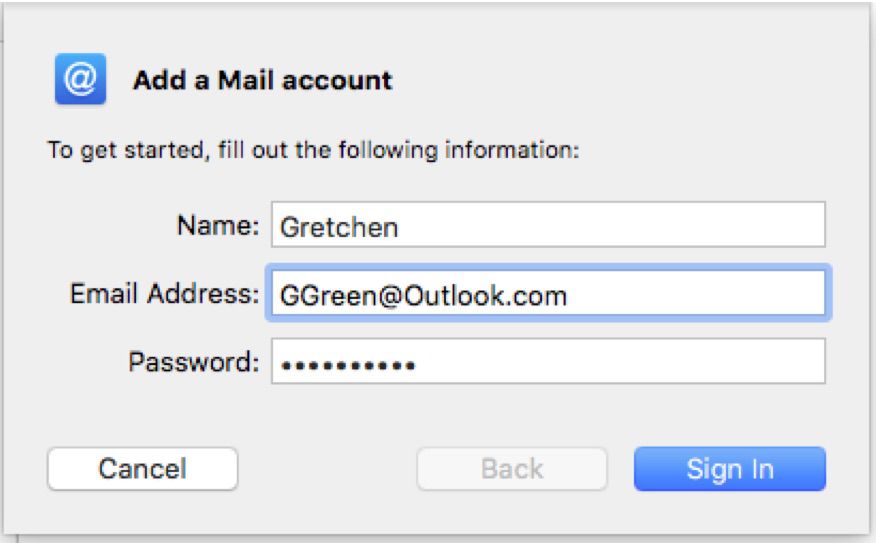 Snímek obrazovky přidání aplikace Outlook.com do Apple Mail