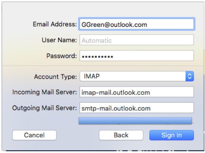 Snímek obrazovky přidání aplikace Outlook.com do Apple Mail