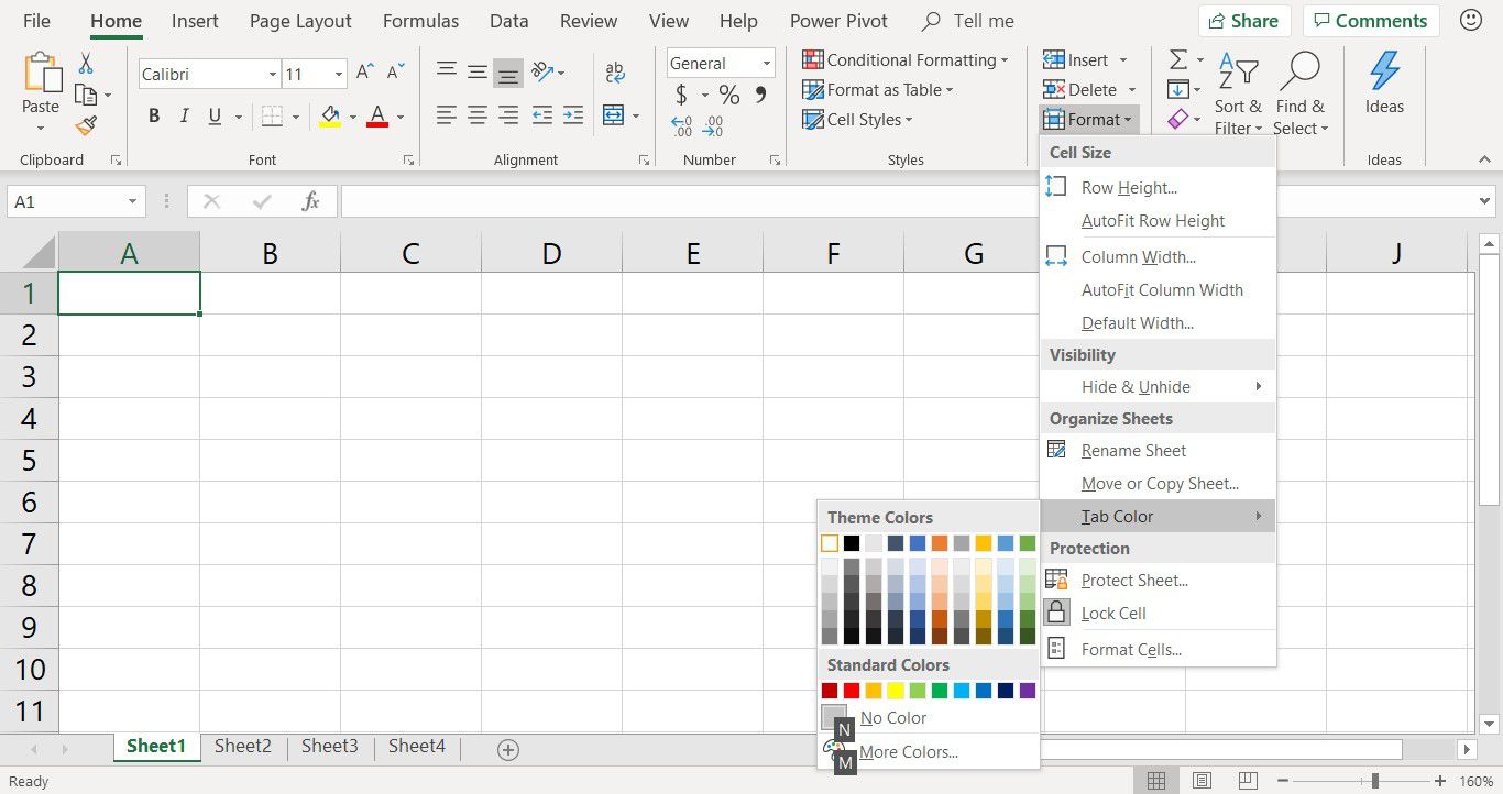 Snímek obrazovky ukazující paletu barev použitou ke změně barvy karty v listu aplikace Excel