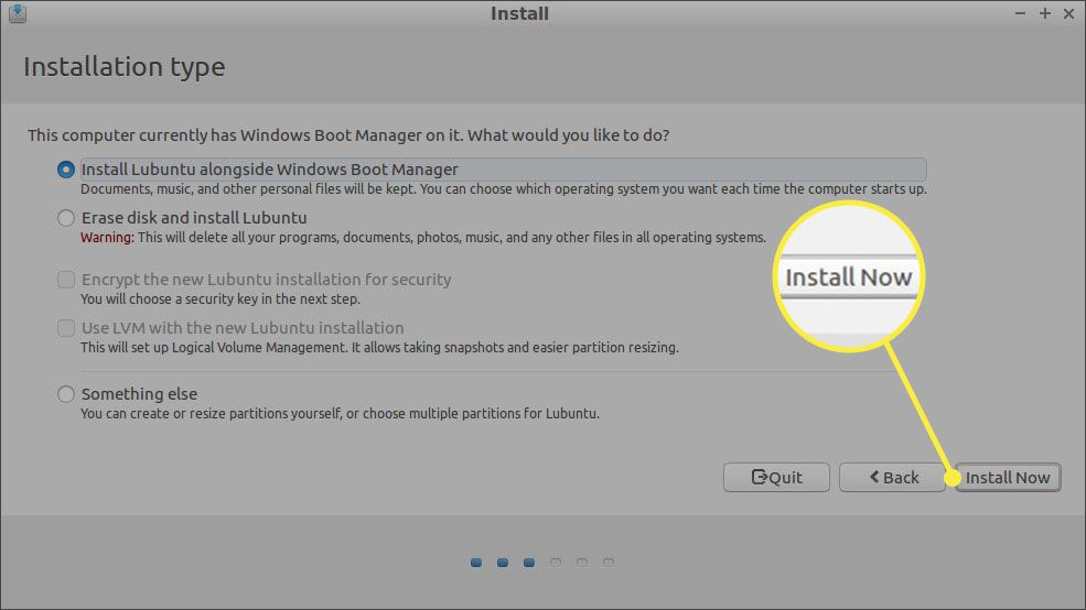 Vyberte Instalovat Lubuntu vedle Správce spouštění systému Windows a vyberte Instalovat nyní.
