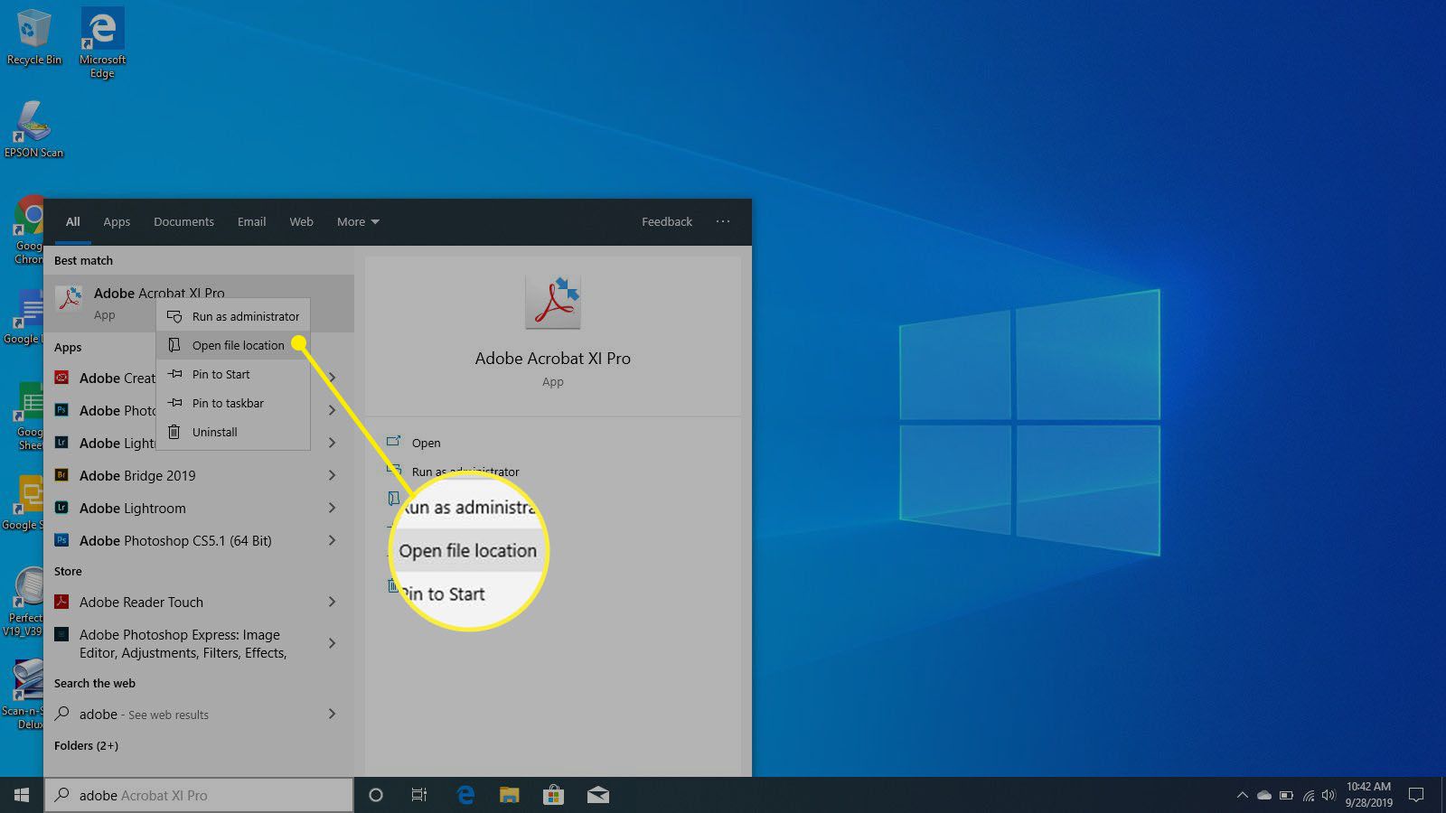 Otevření umístění souboru z vyhledávání v systému Windows 10