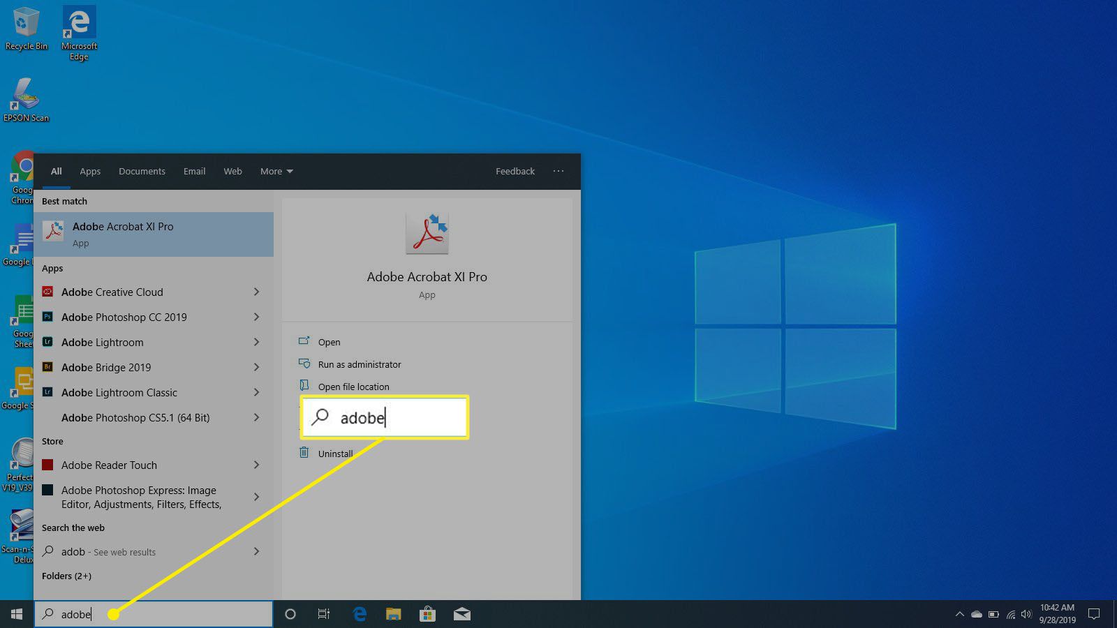 Hledání aplikace Adobe Acrobat v systému Windows 10