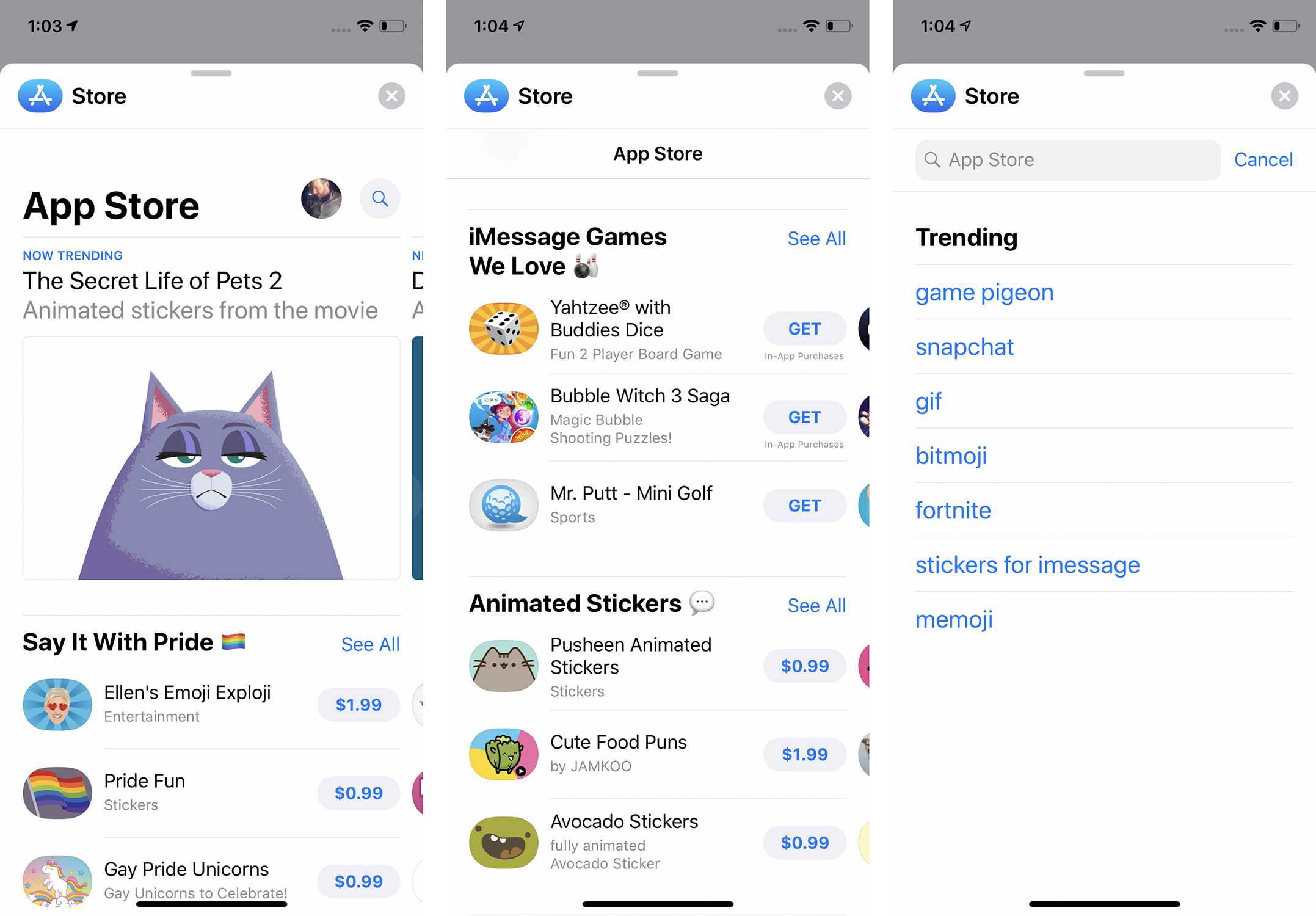 Screenshoty z obchodu iMessage App Store