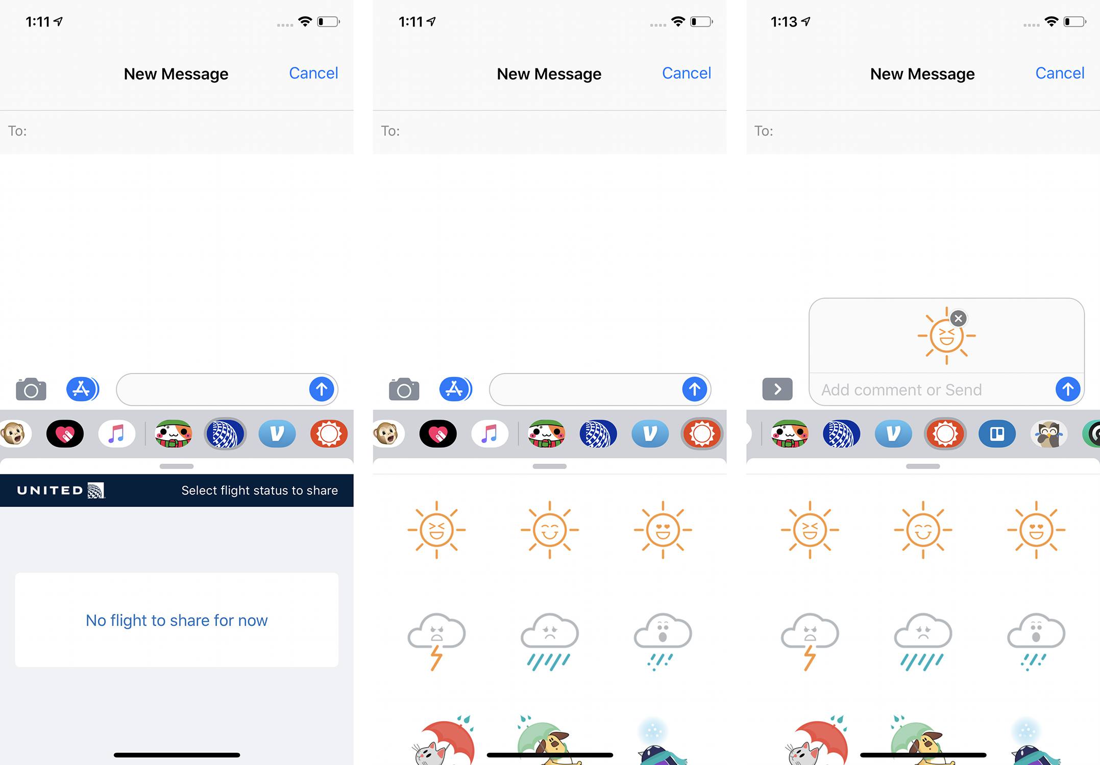 Snímky obrazovky přidávání obsahu aplikace iMessage do textů