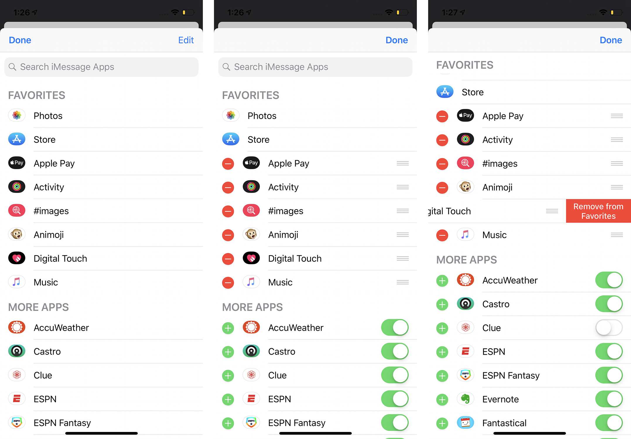 Snímky obrazovky oblíbené a mazání aplikací iMessage