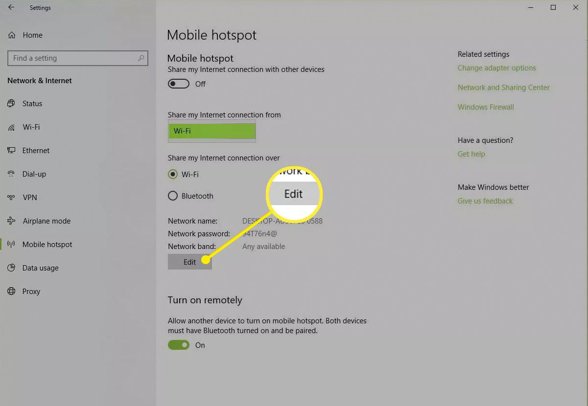 Tlačítko Upravit v nastavení Mobile Hotspot ve Windows