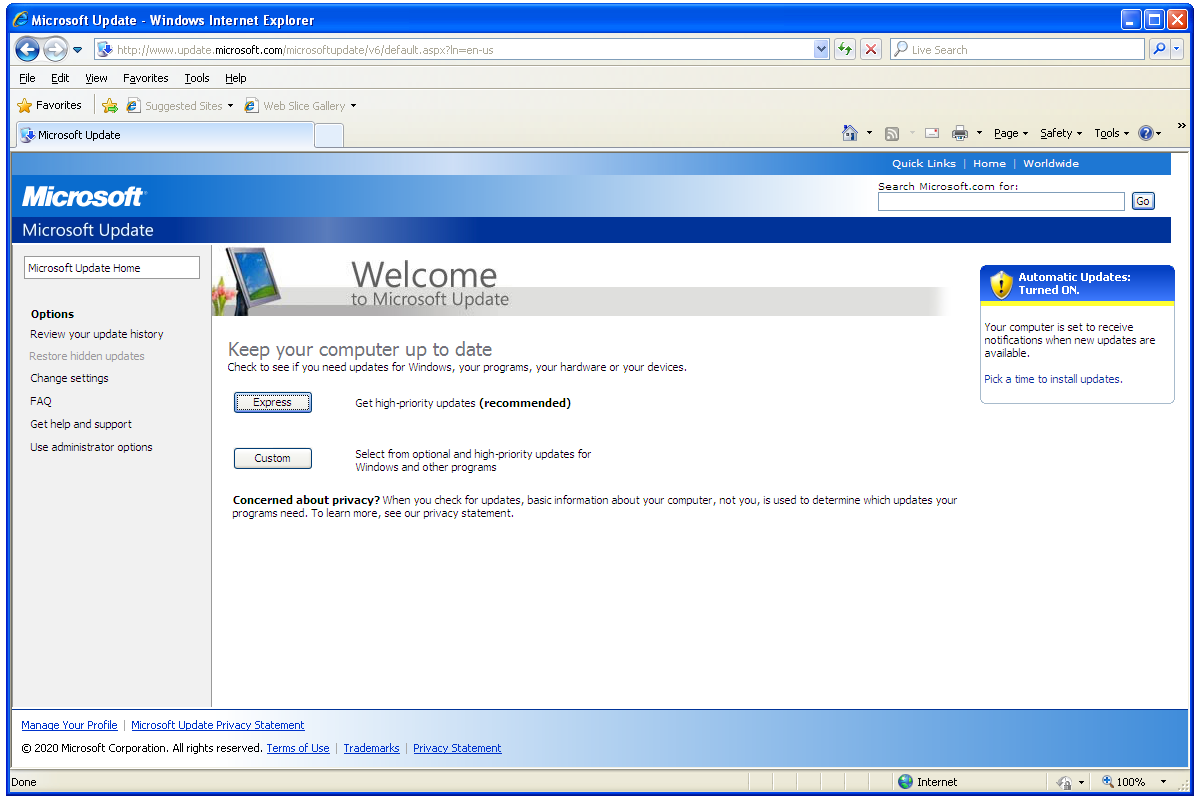 Web Windows Update v systému Windows XP