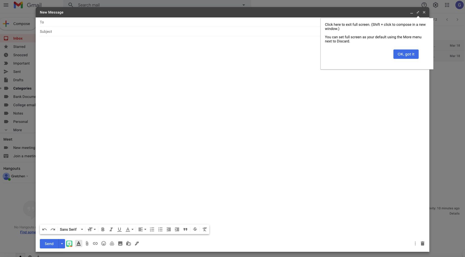Gmail se zobrazením okna Nová zpráva na celou obrazovku