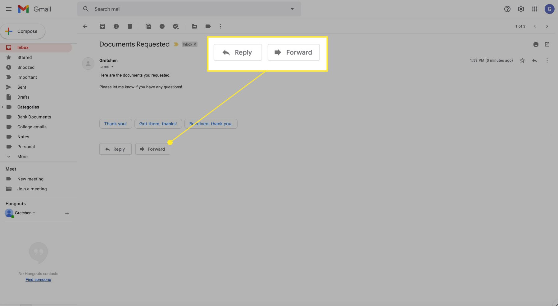 Zpráva v Gmailu byla otevřena se zvýrazněnými možnostmi „Odpovědět“ a „Přeposlat“
