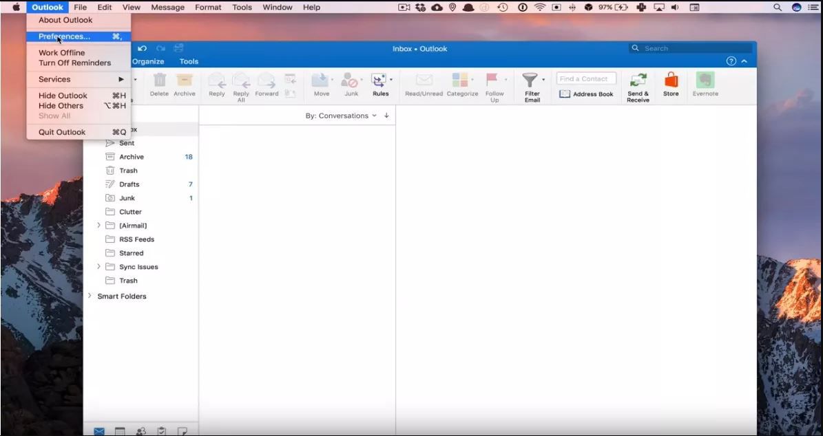 Snímek obrazovky s předvolbami aplikace Outlook
