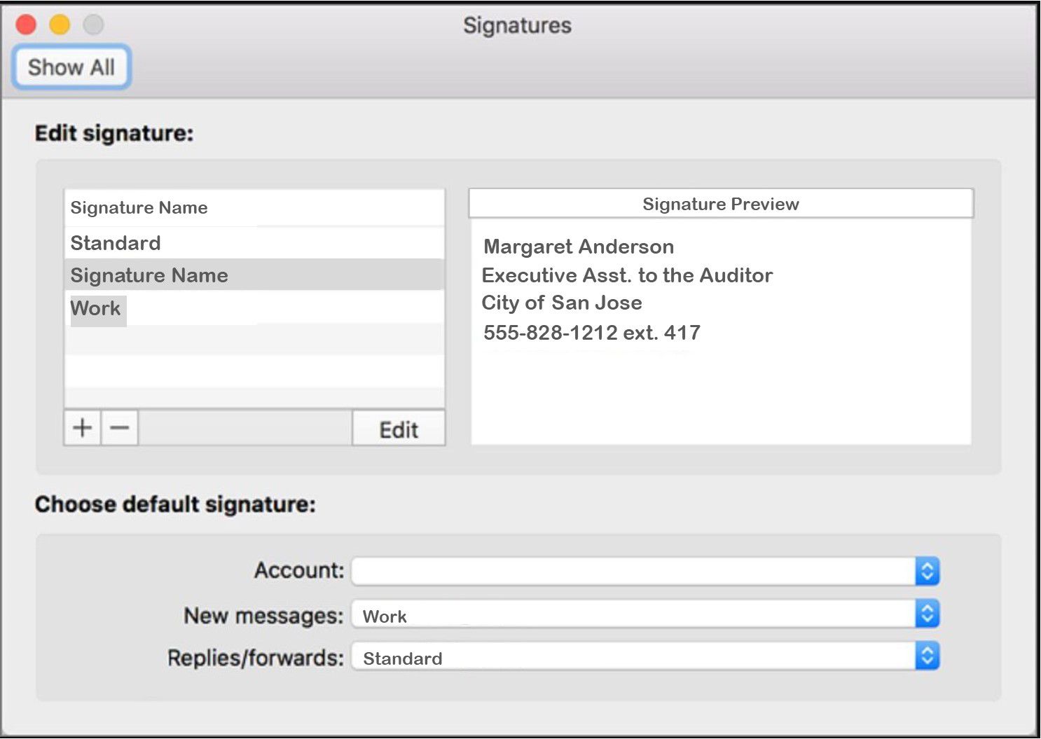 Snímek obrazovky zobrazující vybrané pracovní podpisové jméno