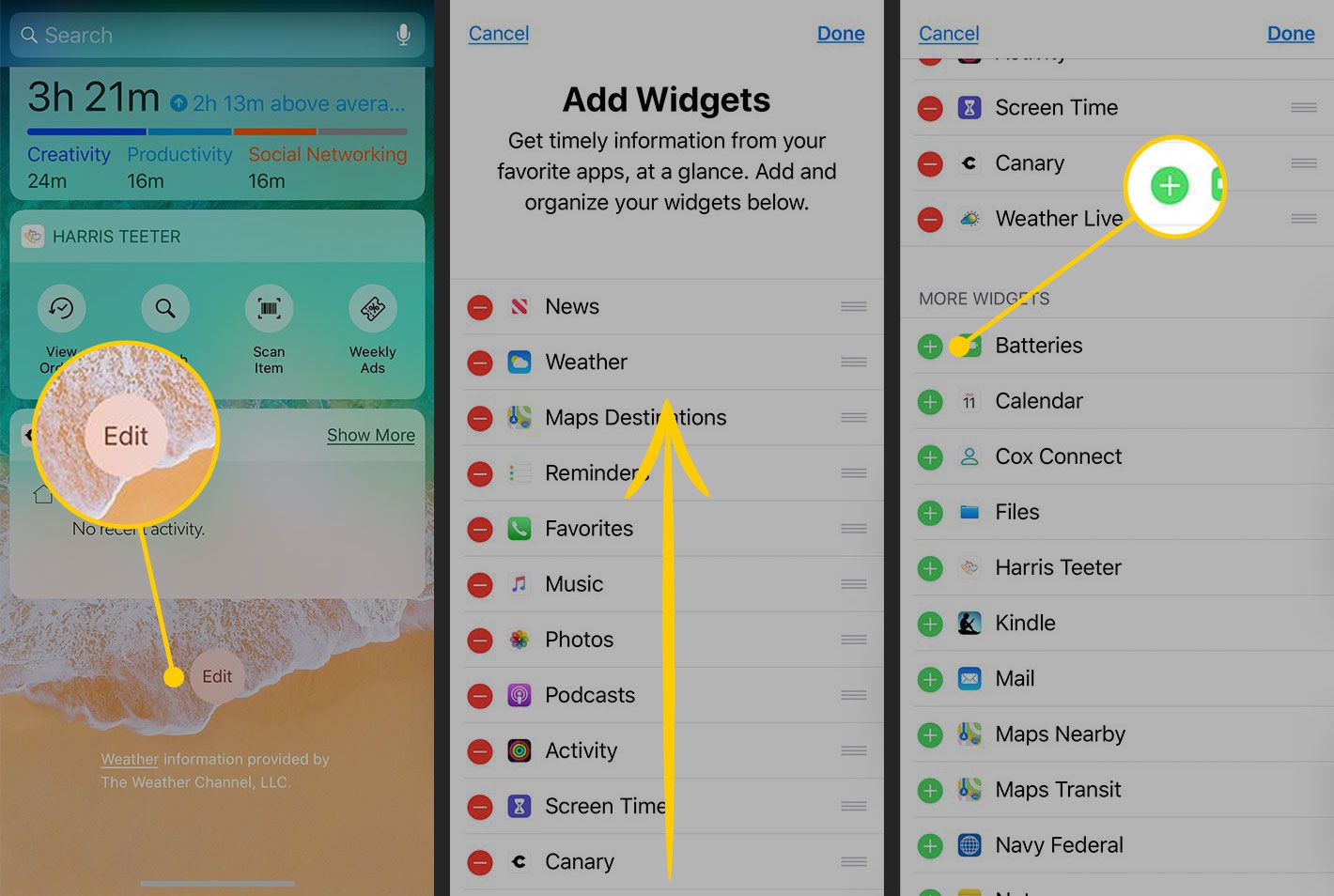 Centrum oznámení v systému iOS se zvýrazněnými tlačítky Upravit a Přidat widget