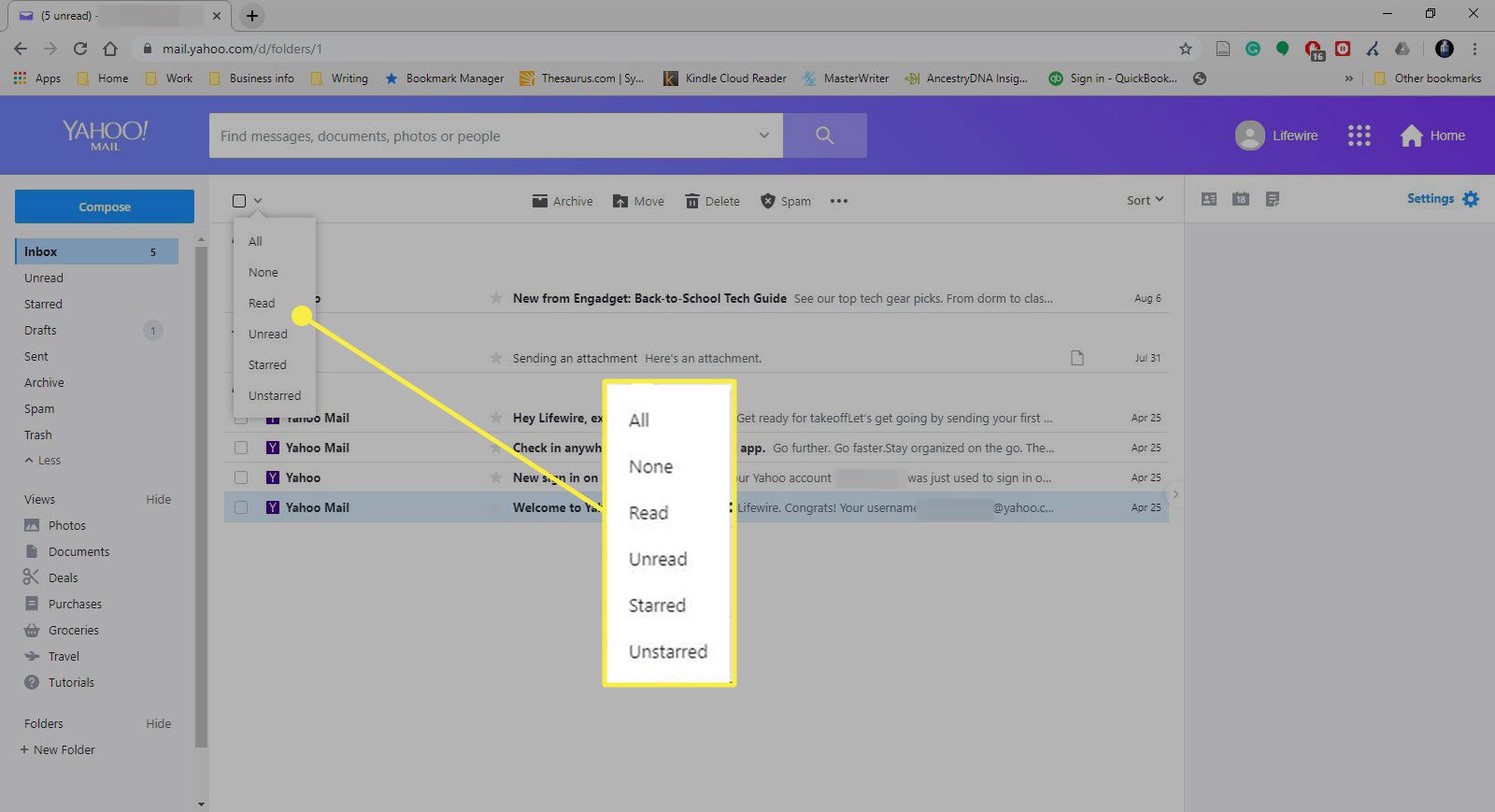 Snímek obrazovky doručené pošty Yahoo se zvýrazněnými možnostmi výběru