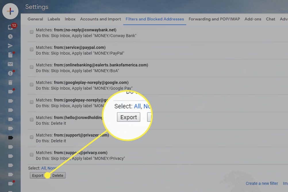 Snímek obrazovky nastavení filtrů Gmailu se zvýrazněným tlačítkem Exportovat