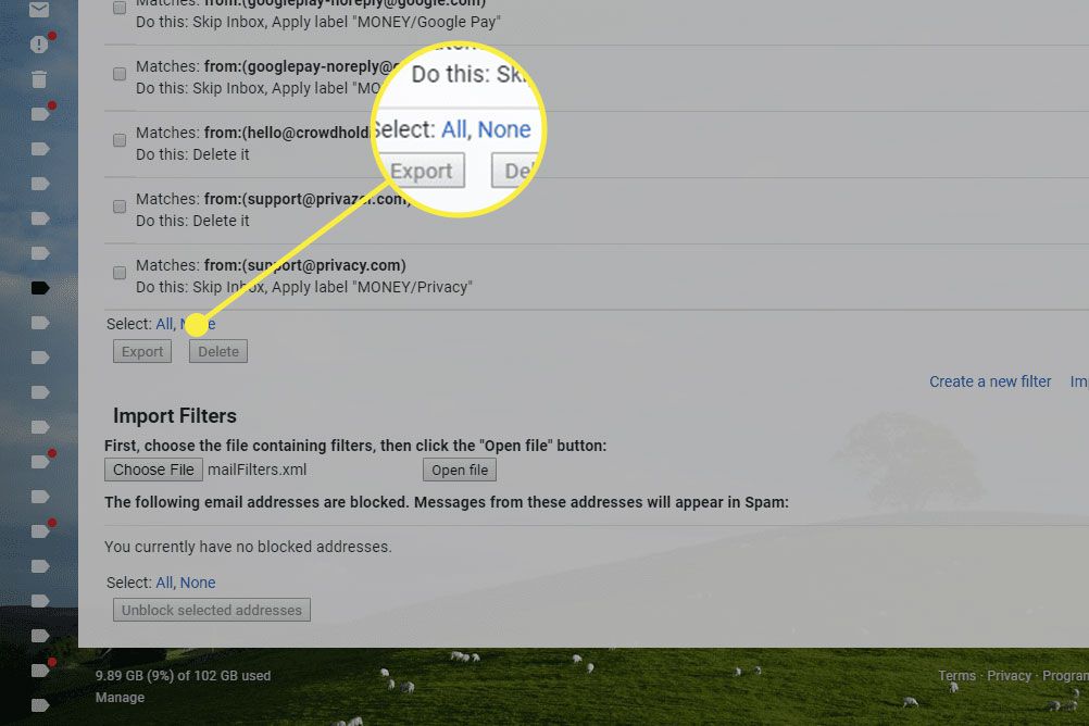 Snímek obrazovky stránky Filtry v Gmailu se zvýrazněným tlačítkem Vybrat vše