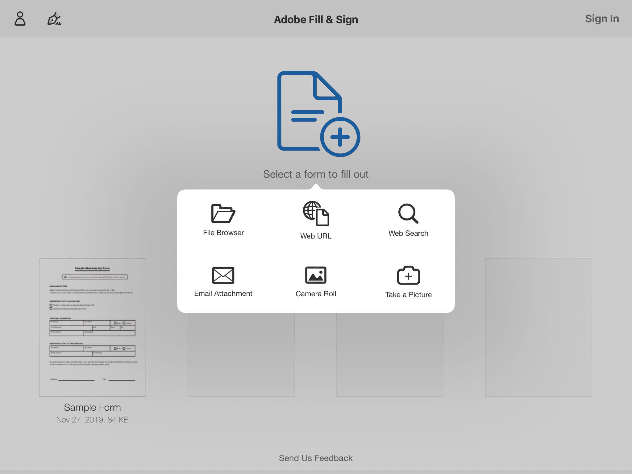 Vyhledání PDF v aplikaci Adobe Fill & Sign