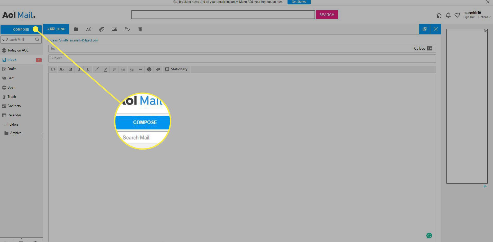 Snímek obrazovky AOL Mail se zvýrazněným tlačítkem Napsat
