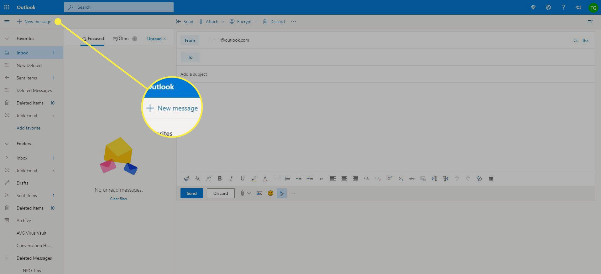 Snímek obrazovky aplikace Outlook se zvýrazněným tlačítkem Nová zpráva