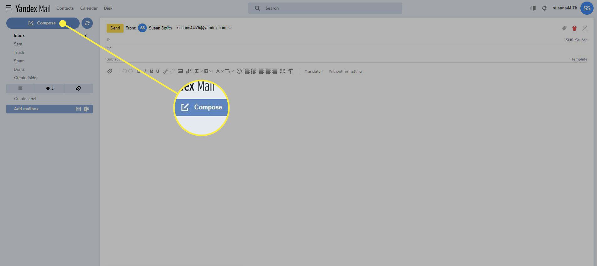 Snímek obrazovky aplikace Yandex Mail se zvýrazněným tlačítkem Napsat