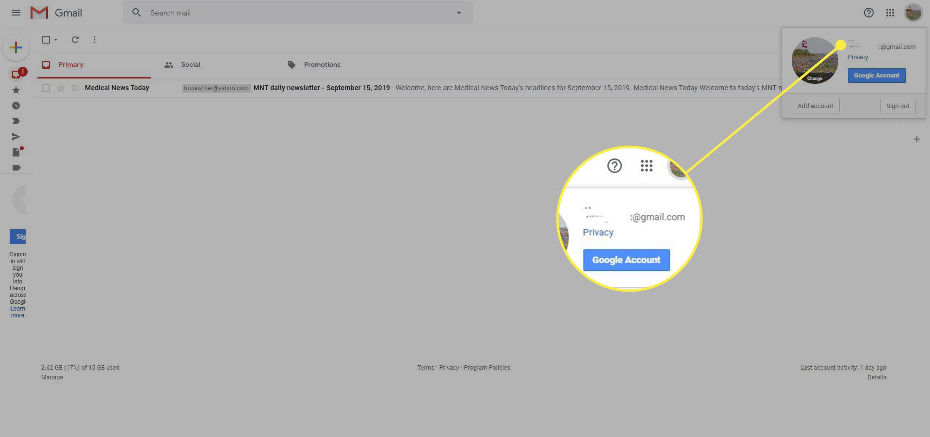 Snímek obrazovky Gmailu se zvýrazněnou e -mailovou adresou účtu