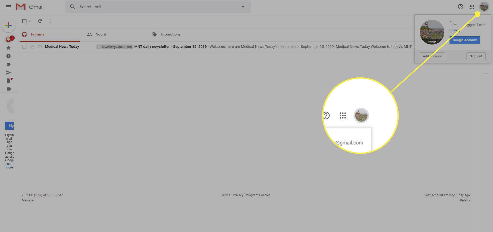 Snímek obrazovky Gmailu se zvýrazněným obrázkem účtu