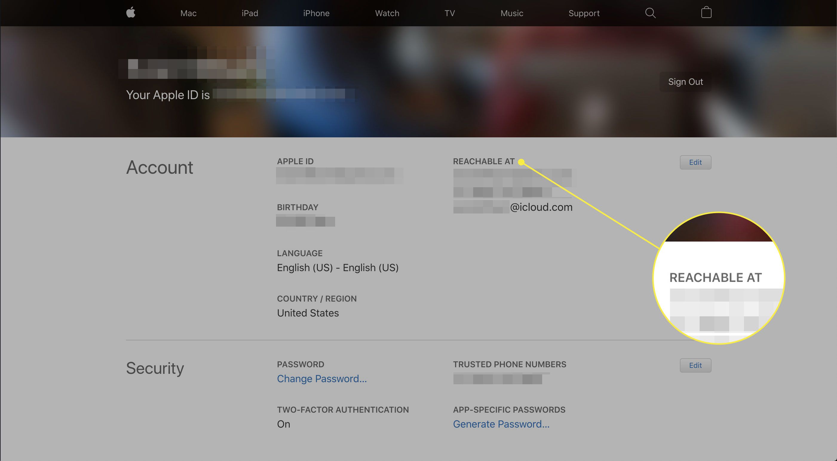 Snímek obrazovky stránky účtu Apple ID se zvýrazněnou sekcí Reachable At