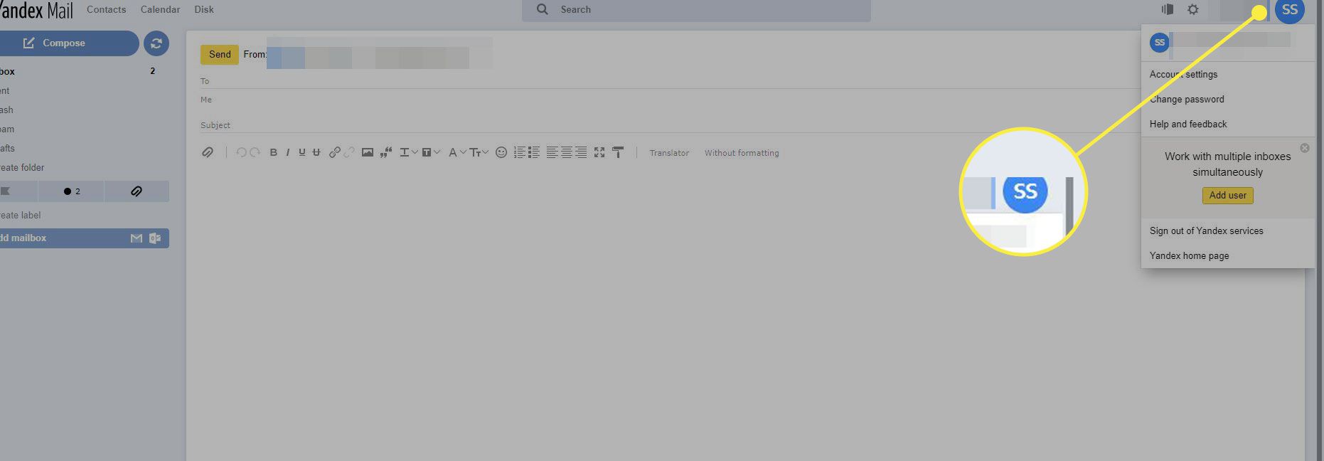 Snímek obrazovky aplikace Yandex Mail se zvýrazněnou ikonou účtu