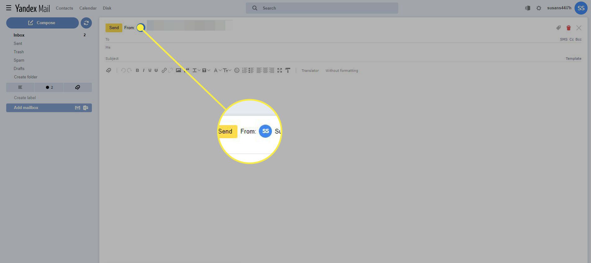 Snímek obrazovky aplikace Yandex Mail se zvýrazněným polem Od