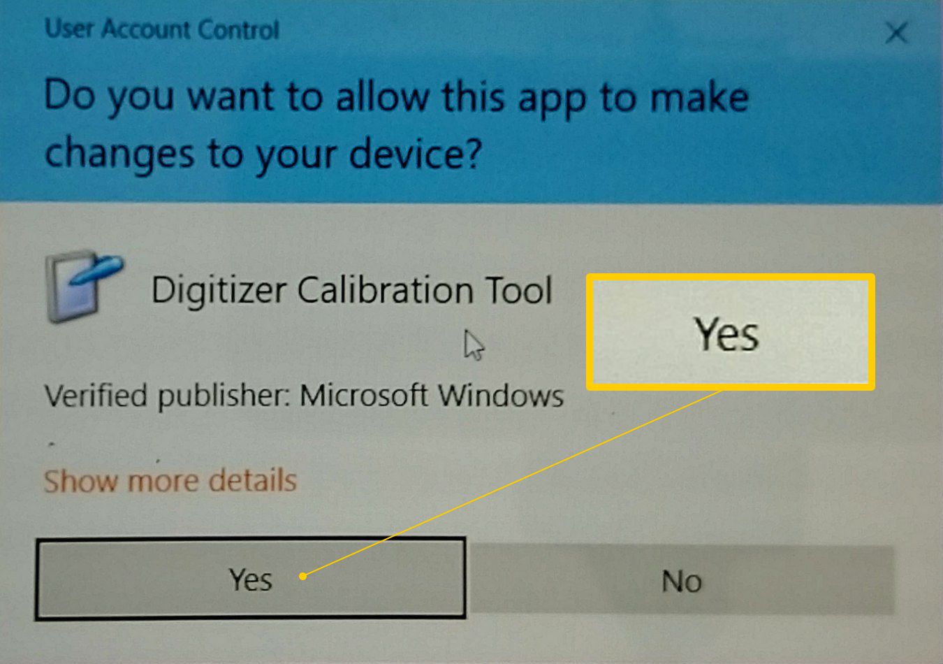 Tlačítko Ano v okně Digitizer Calibration Tool
