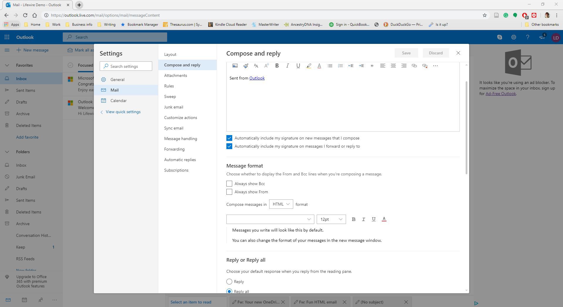 Zobrazení pokročilých nastavení v aplikaci Outlook Online.